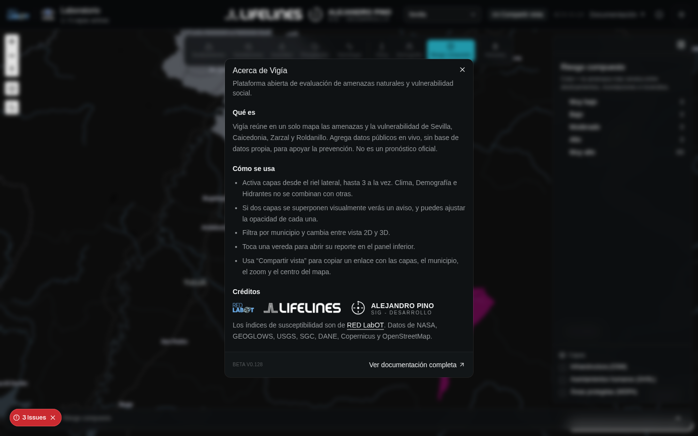 Ventana "Acerca de Vigía" sobre el mapa, con la explicación de qué es la plataforma, cómo se usa, los créditos y el indicador de versión beta