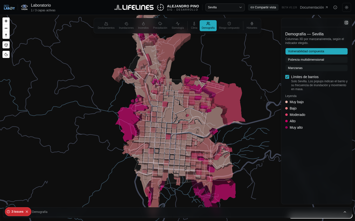 Vigía con la capa de Demografía activa mostrando columnas 3D del Índice de Vulnerabilidad Social por manzana en Sevilla y sus indicadores en el panel derecho